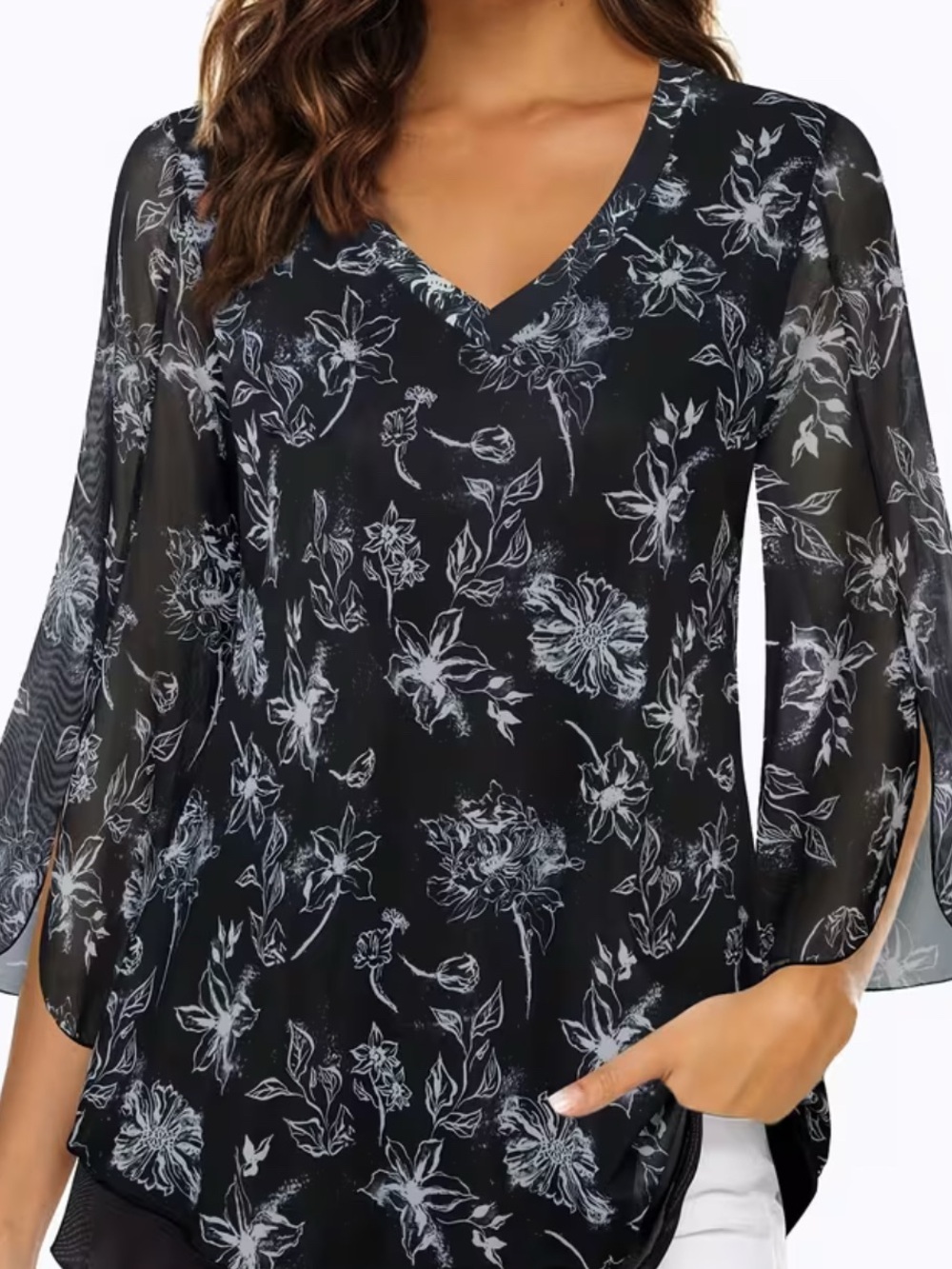 Timeson Black Floral V-Neck Bell Sleeve Women's Top